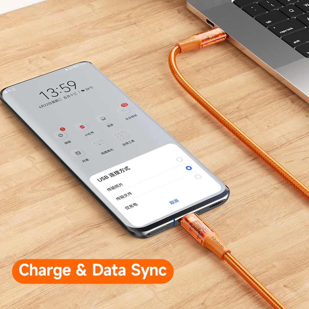Mcdodo Type-C to Type-C PD 100W Transparent Data Cable - كيبل تايب سي الة تايب سي سريغ الشحن بقدرة 100واط من مكدودو