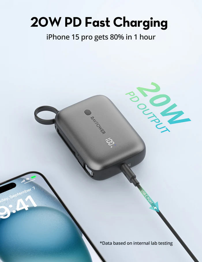 RAVPower RP-PB1224 10000mAh Power Bank 3-Port, 20W PD Fast Charging - باور بانك راف باور سعة 10000 مللي أمبير، 3 منافذ، شحن سريع PD20W