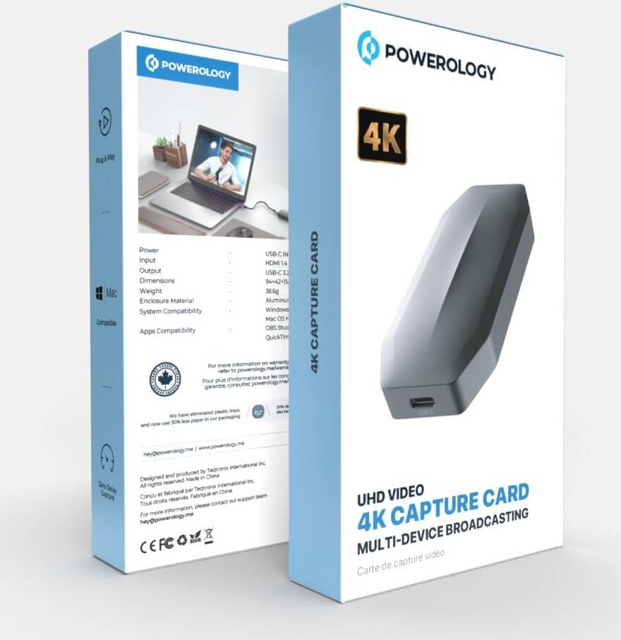 كارت التقاط فيديو UHD 4K للبث المتعدد من باورولوجي - اسود | Powerology UHD Video 4K Capture Card Multi-Device Broadcasting – Black.
