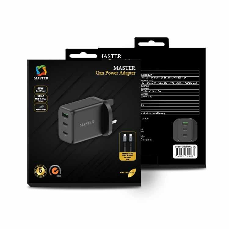 شاحن ماستر بقدرة شحن سريع 65 واط مع كيبل يو اس بي سي الى يو اس بي سي بقدرة 100 واط - اسود | MASTER SUPER FAST CHARGE 65W With Cable 100W C to C – Black