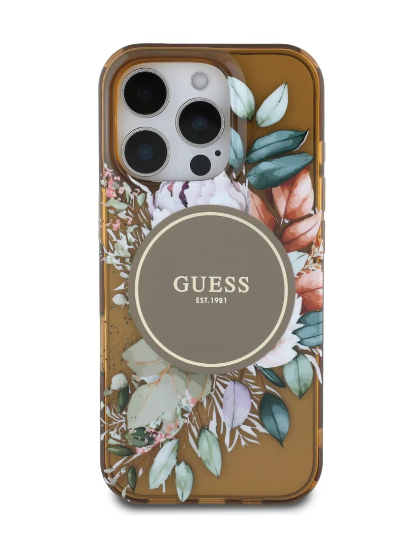 GUESS MagSafe Transparent Flower Case with Circle Logo for iPhone 16 Pro | كفر شفاف GUESS بتصميم ازهار وشعار دائري, متوافق مع ماج سيف لهاتف ايفون 16 برو