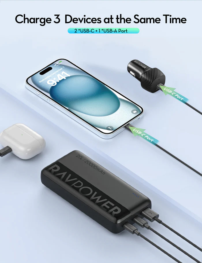RAVPower RP-VC1015 Car Charger Combo with 10000mAh Power Bank & 60W USB-C Cable - راف باور شاحن سيارة كومبو  مع باور بانك 10000ميلي أمبير وكابل تايب سي بقوة 60واط