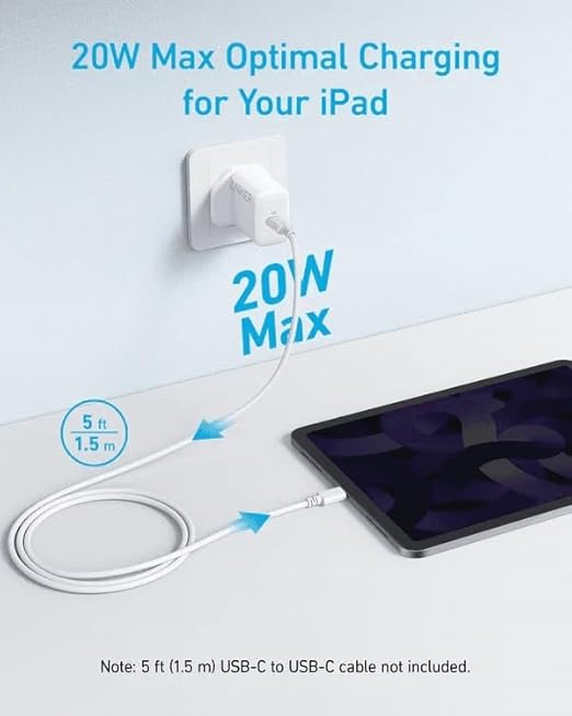 Anker 312 charger 20W USB-C Fast Wall Adapter | White - شاحن انكر 312 بقدرة 20 واط, منفذ USB-C, ابيض