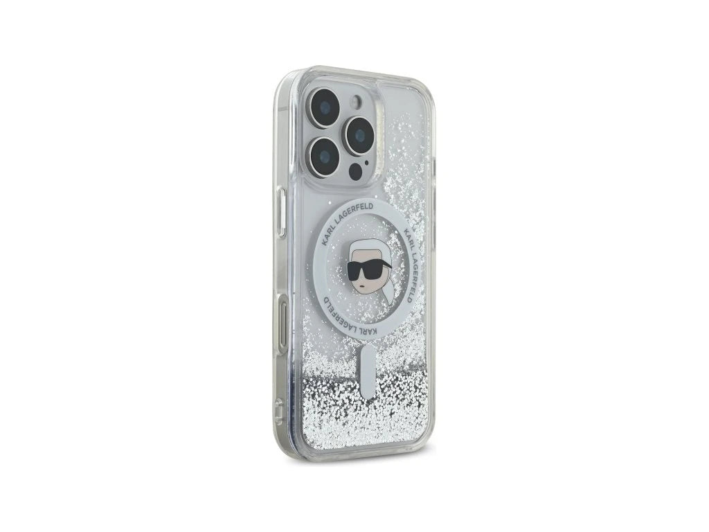 Karl Lagerfeld MagSafe Liquid Glitter Hard Case with Karl Head for iPhone 16 Pro Max | كفر كارل لاغرفيلد شفاف بلمعة سائلة ودعم ماج سيف لهاتف ايفون 16 برو ماكس