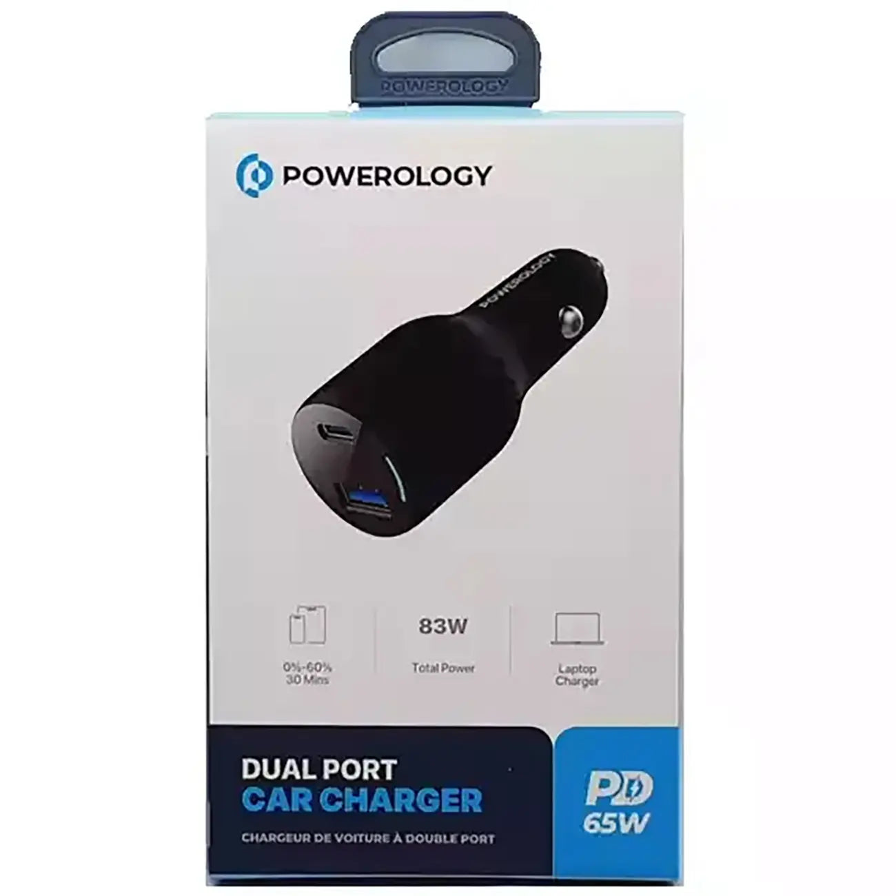 شاحن سيارة باورولوجي 65 واط بمنفذين واضائة LED - اسود | Powerology 65W PD + QC3.0 LED Dual Ports Car Charger – Black