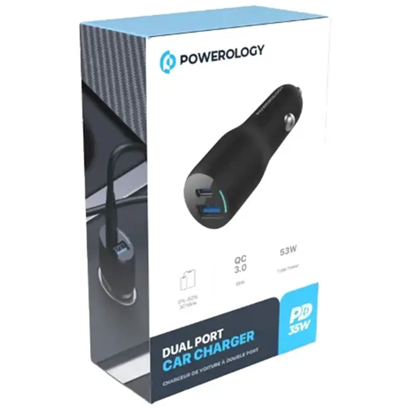 شاحن سيارة باورولوجي سريع بمنفذين يو اس بي اي و يو اس بي سي, بقدرة 35 واط | Powerology 35W PD + QC3.0 LED Dual Ports Car Charger.