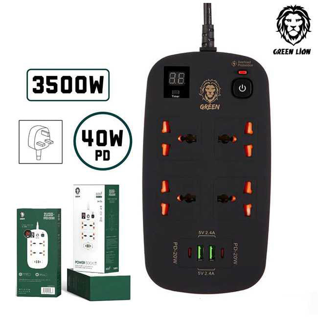 وصلة كهربائية جرين لايون ذكي متعدد المنافذ بقدرة 3500 واط وكيبل بطول 3 متر | Green Lion 4 AC 2 USB & 2 USB-C PD 40W Multiport Smart Power Socket 3500W (3M)
