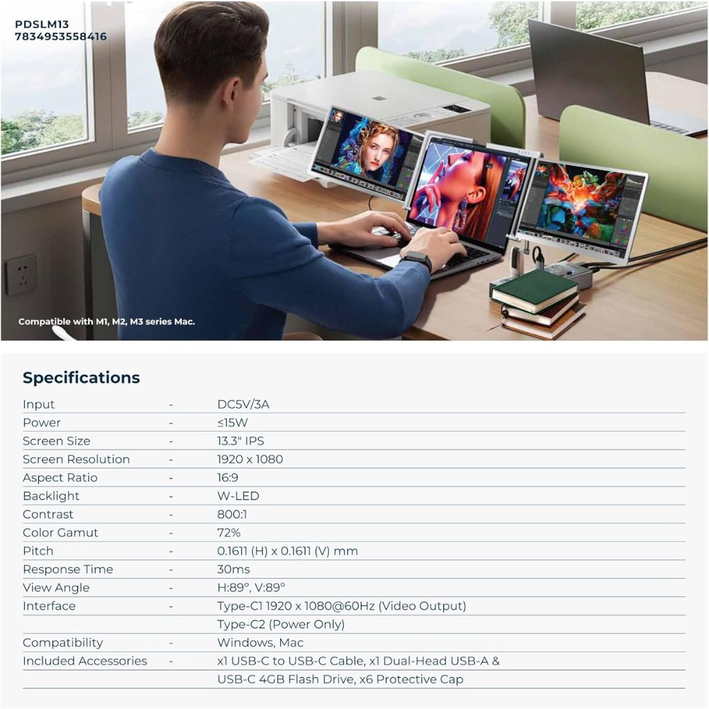 شاشة محمولة مزدوجة للابتوب بحجم 13.3 بوصة من باورولوجي - فضي | Powerology 13.3" Portable Dual Screen Laptop Monitor - Silver