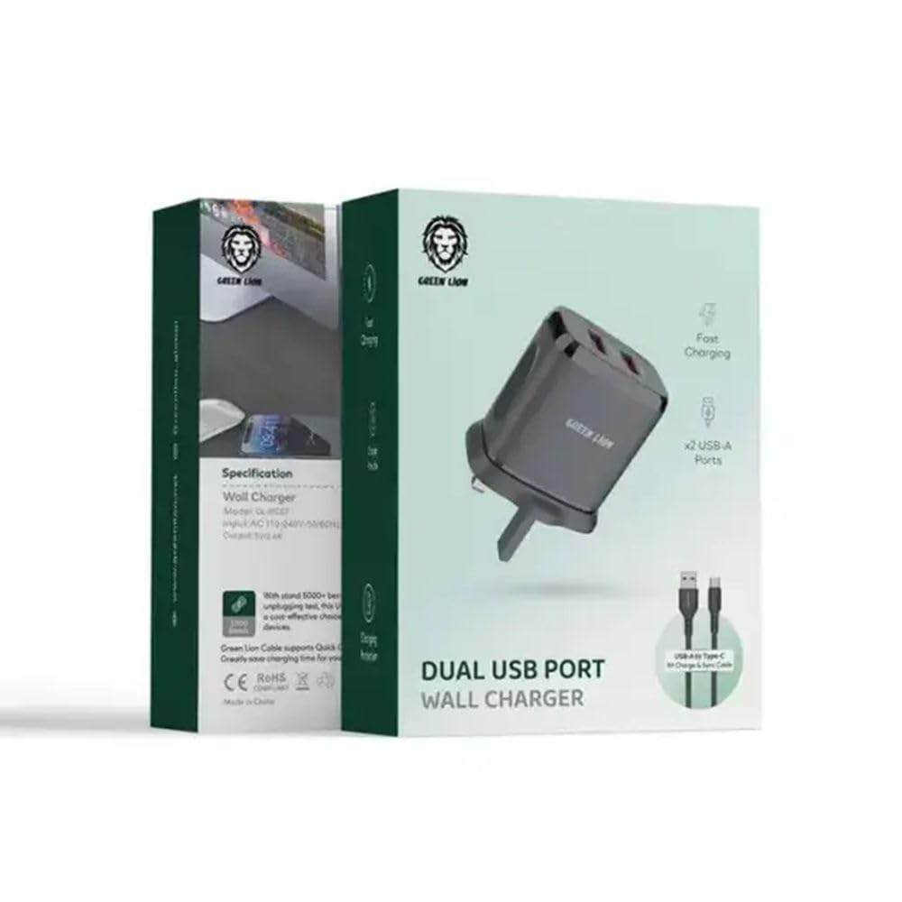 شاحن جرين لايون ثنائي المنفذ مع كيبل لايتننغ بطول 1 متر - اسود | Green Lion 2USB 2.4A Fast Charging + USB-A to Lightning Data Cable 1m – Black