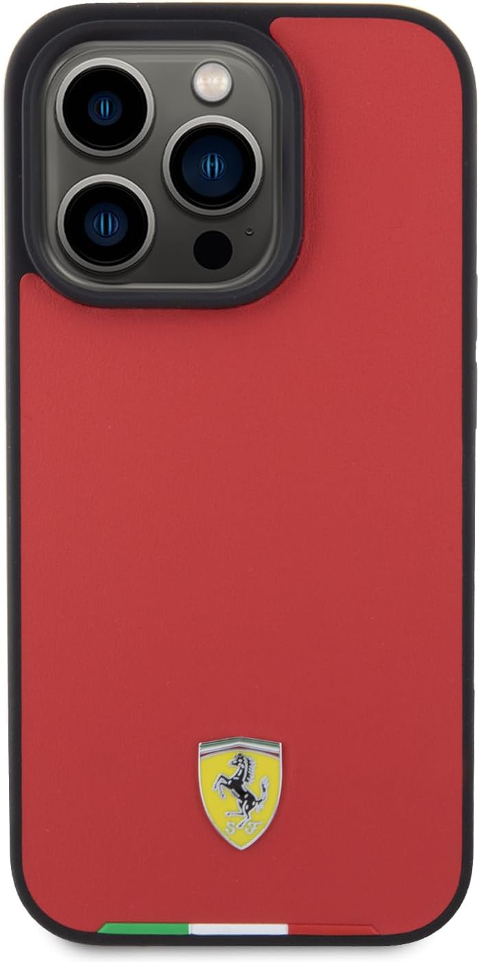Ferrari PU Leather Case with Italy Flag Line for iPhone 15 Pro Max | كفر فيراري مع شريط علم ايطاليا لهاتف ايفون 15 برو ماكس