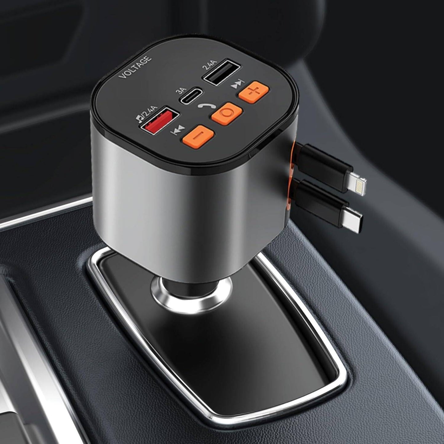 شاحن سيارة وجهاز ارسال FM جرين لايون مع كيبلات مدمجة قابلة للسحب بقدرة شحن 50 واط - اسود | Green Lion FM Retractable 50W Car Charger – Black