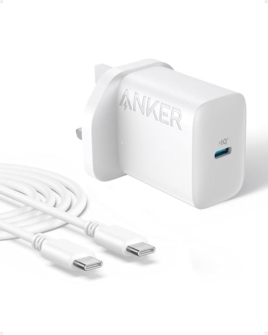 Anker 20W USB-C Ultra Fast Charger With USB-C to USB-C Cable (1.5m) - شاحن انكر يدعم شحن سريع  20 واط, بمنفذ USB-C + كيبل USB-C الى USB-C بطول 1.5م