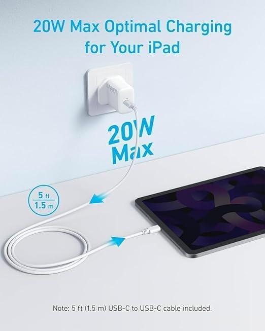 Anker 20W USB-C Ultra Fast Charger With USB-C to USB-C Cable (1.5m) - شاحن انكر يدعم شحن سريع  20 واط, بمنفذ USB-C + كيبل USB-C الى USB-C بطول 1.5م