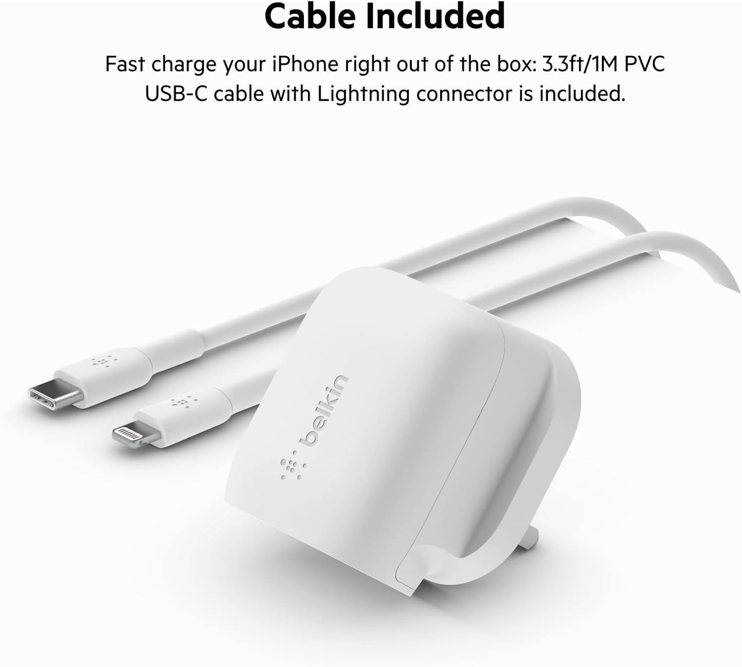 Belkin BoostCharge USB-C Wall Charger 20W  USB-C Cable with Lightning Connector - شاحن جداري يو اس بي سي بوست شارجر بقوة 20 واط مع كابل يو اس بي سي إلى موصل لايتننج من بيلكن