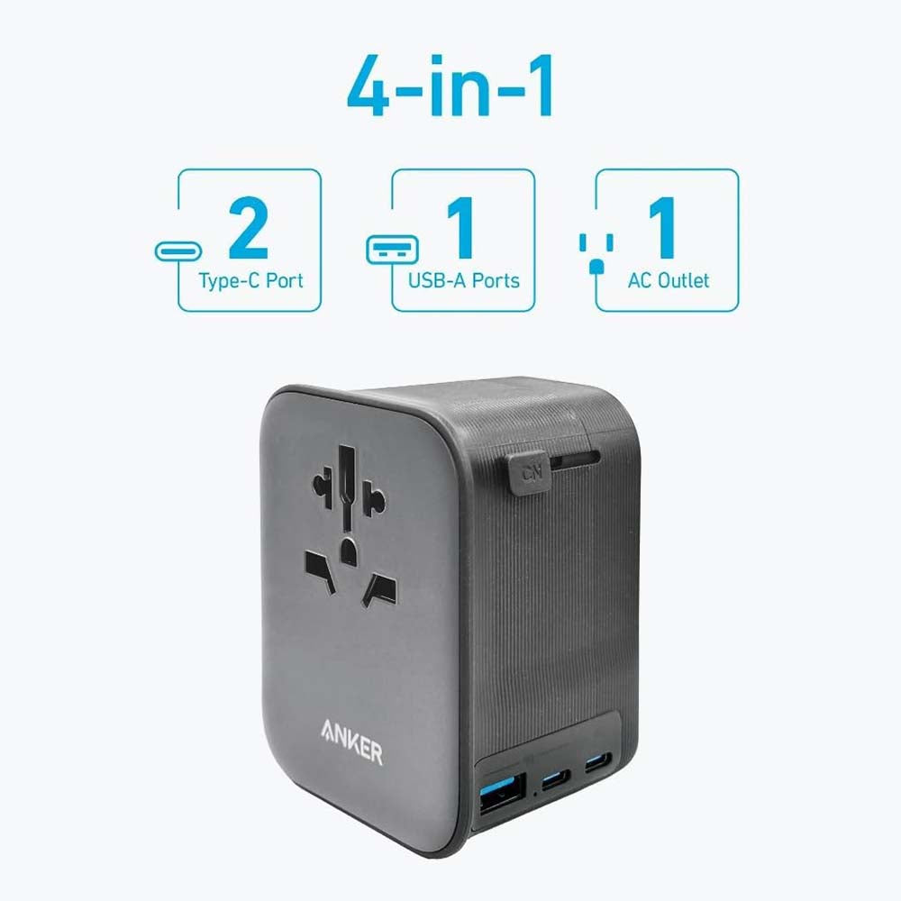 Anker Nano Travel Adapter 4-in-1, 65W USB-C Fast Charger |  محول السفر انكر نانو 4 في 1, شحن سريع 65 واط بمنفذ USB-C