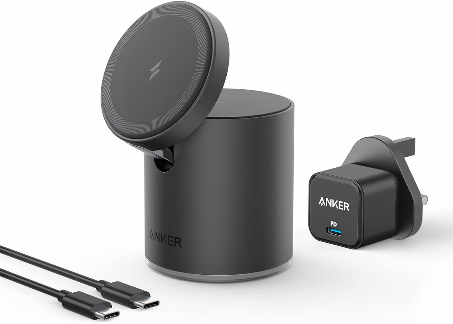 Anker 623 Magnetic Wireless Charger 2 In 1 Wireless Charging Station With 20W USB-C Charger - شاحن 623 لاسلكي مغناطيسي من انكر (ماج جو) شاحن 2 في 1 شاحن يو اس بي سي‏20 واط