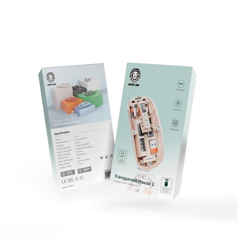 ماوس جرين لايون الشفاف اللاسلكي 2 بدقة 1600DPI - وردي | Green Lion Transparent Mouse 2 1600DPI - Pink