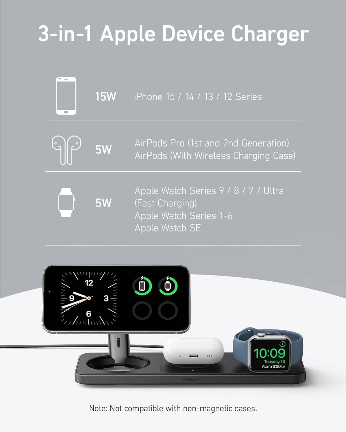 Anker MagGo Wireless Charging Pad 3-in-1, Qi2 Certified 15W Charger for iPhone | شاحن انكر ماج جو اللاسلكي 3 في 1, قاعدة شحن 15 واط معتمد QI2 للايفون