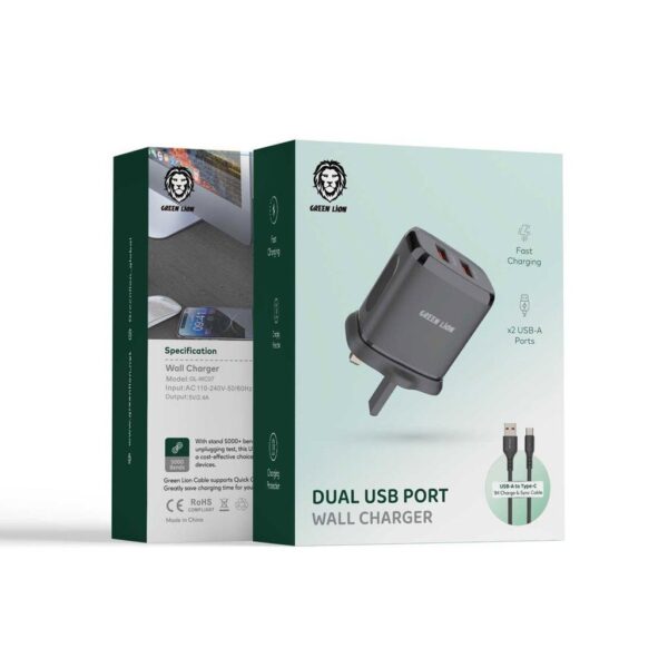 شاحن جرين لايون ثنائي المنفذ مع كيبل يو اس بي اي الى يو اس بي سي بطول 1 متر - اسود | Green Lion 2USB 2.4A 18W + USB Type-C Data Cable 1m - Black