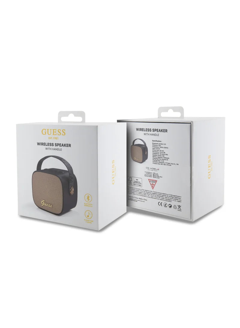 Guess Wireless Speaker with Handle 5W PU 4G Leather Script Logo | سماعة بلوتوث GUESS محمولة بقوة 5 واط, تصميم جلد 4 جي مع حامل يد