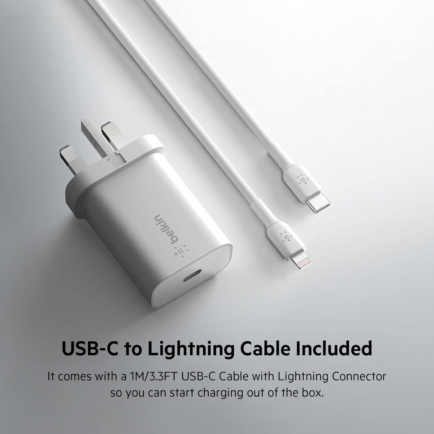 بلكن شاحن حائط تايب سي 25 واط مع كيبل تايب سي الى ايفون - Belkin BoostCharge USB-C Wall Charger 25W USB-C PD Certified with PPS & 1M USB-C to Lightning Cable
