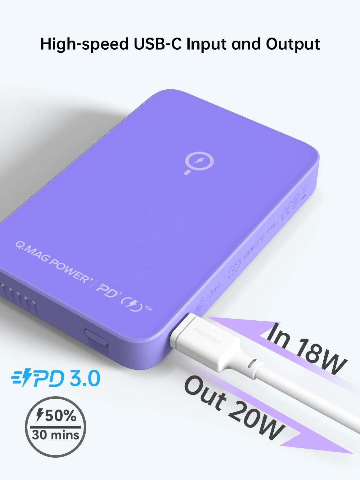 Momax Q.Mag Power 9 Magnetic Wireless Battery Pack with Stand, 5000mAh - بطارية موماكس كيو ماج بور 9 اللاسلكية المغناطيسية مع مسند, 5000 مللي امبير