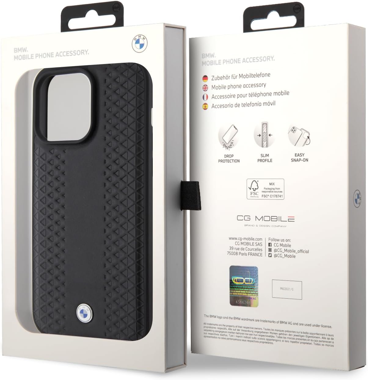 BMW Leather Case, Diamond Pattern, Shockproof Slim Fit for iPhone 15 Pro – Black | كفر جلدي بنقشة ماسية لهاتف ايفون 15 برو, تصميم نحيف مقاوم للصدمات, لون اسود