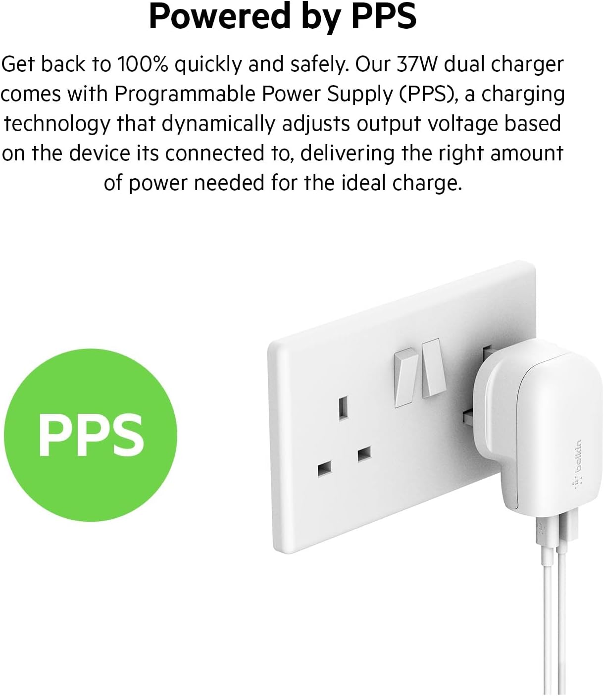 Belkin 37W USB Type C PPS PD Dual Port Wall Phone Charger - شاحن هاتف جداري بمنفذ مزدوج يو اس بي من النوع سي من بيلكن بقدرة 37واط