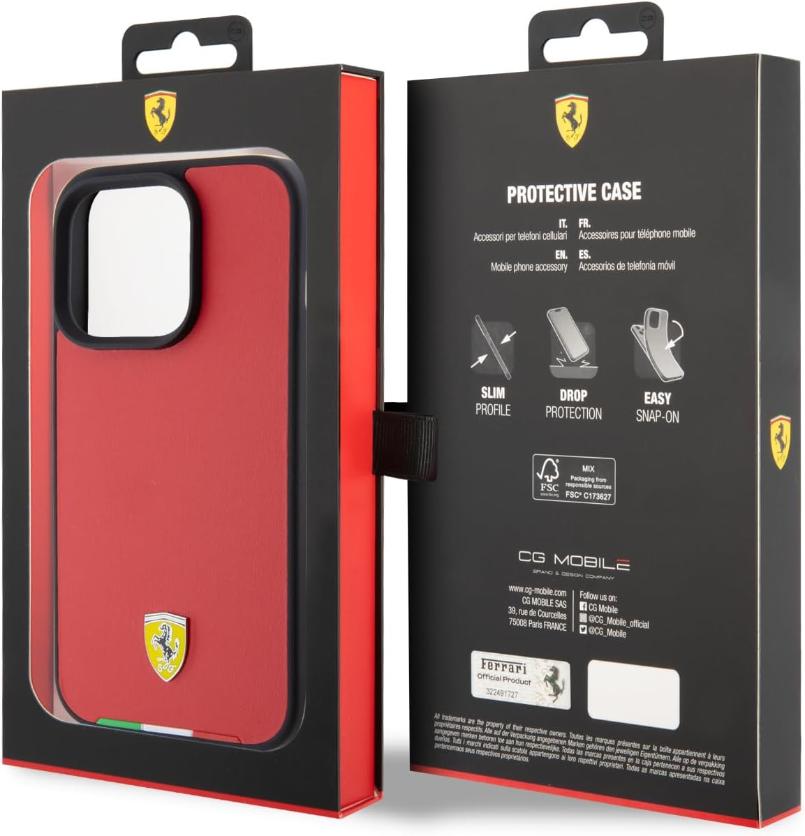 Ferrari PU Leather Case with Italy Flag Line for iPhone 15 Pro Max | كفر فيراري مع شريط علم ايطاليا لهاتف ايفون 15 برو ماكس