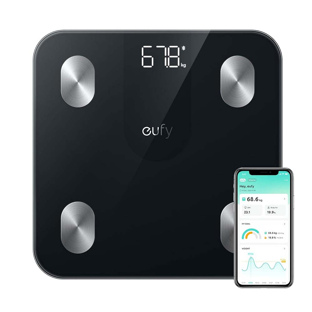 Anker Eufy Smart Scale A1 Black – 12 Body Metrics, Bluetooth, App Sync | ميزان ذكي انكر يوفي A1, قياس 12 مؤشرا صحيا, اتصال بلوتوث