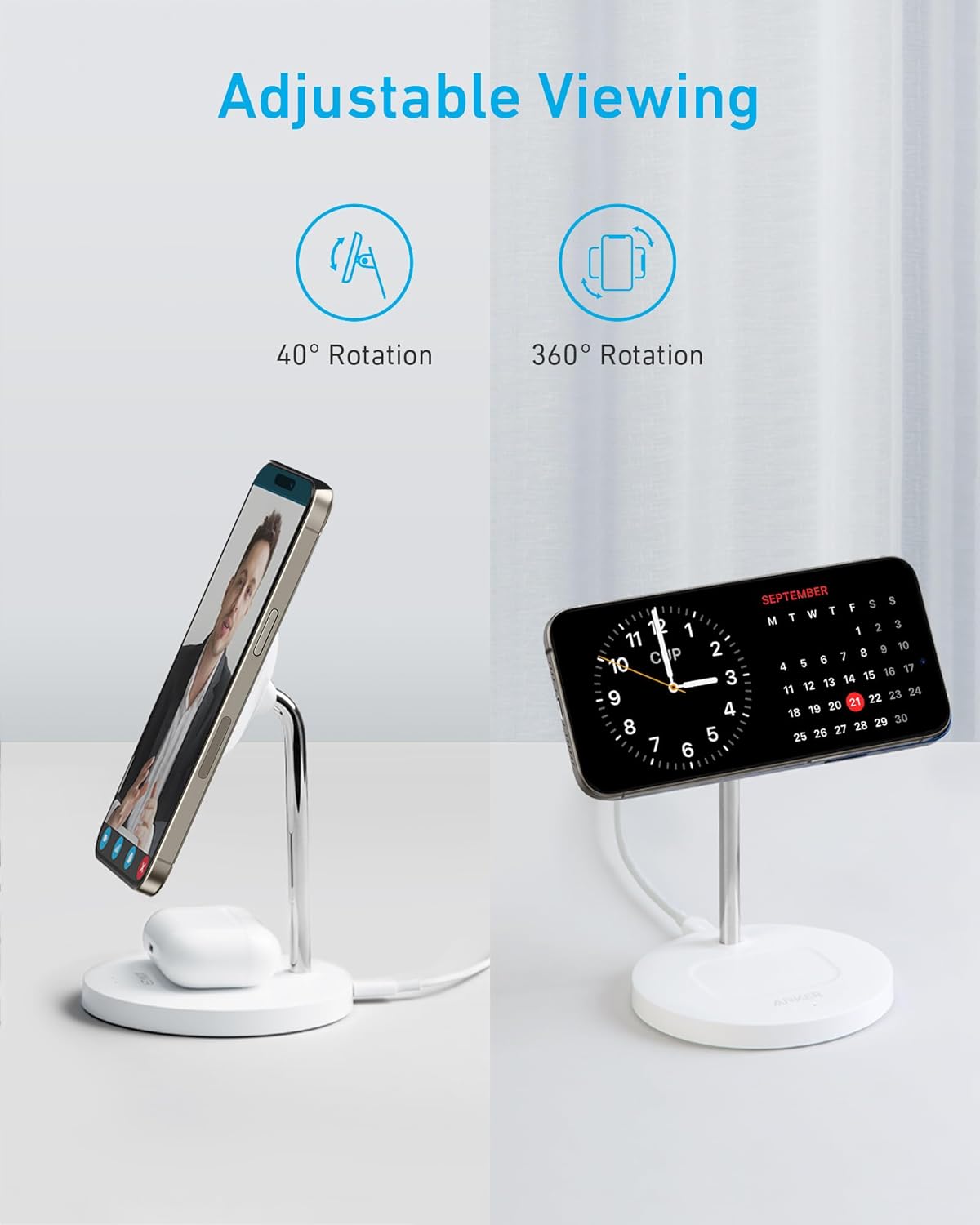 Anker Wireless PowerWave 2 in 1 Magnetic Charging Stand Lite with USB-C Cable - حامل الشحن المغناطيسي أنكر باور ويف 2 في 1 لايت اللاسلكي مع كابل يو اس بي سي