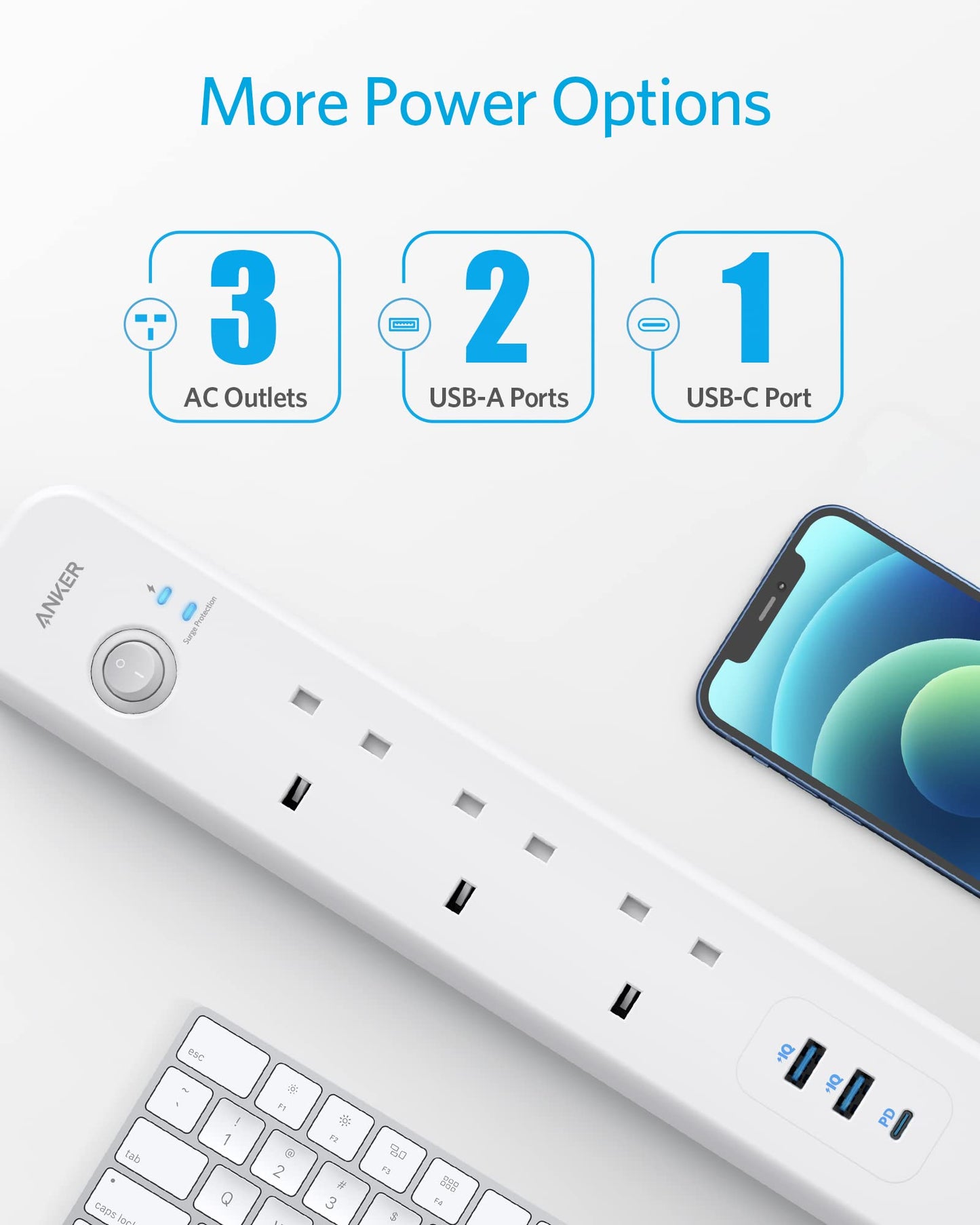 Anker PowerExtend 6-in-1 Power Strip, 2m Cable | وصلة كهرباء انكر بور اكستيند, 6 في 1, كيبل بطول 2م