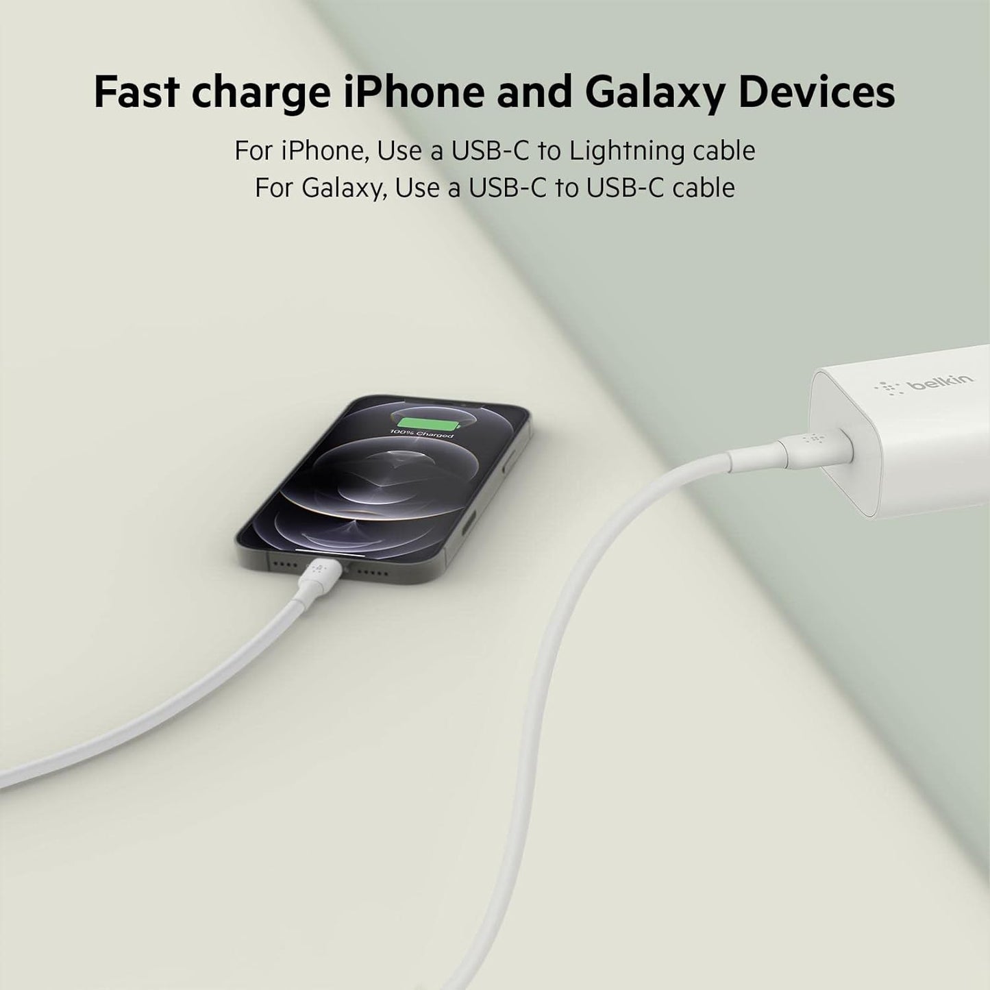 بلكن شاحن حائط تايب سي 25 واط مع كيبل تايب سي الى ايفون - Belkin BoostCharge USB-C Wall Charger 25W USB-C PD Certified with PPS & 1M USB-C to Lightning Cable