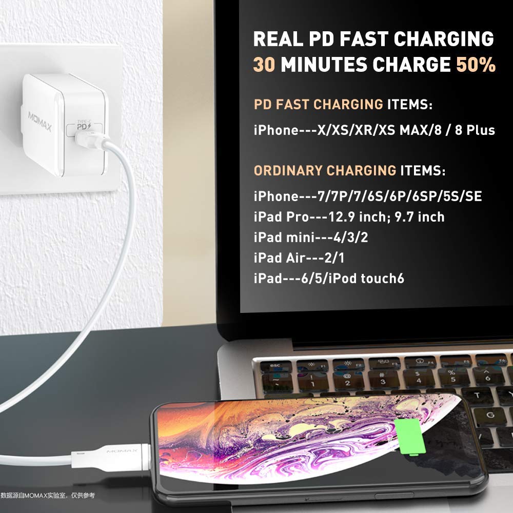 MOMAX USB-C to Lightning  1.2M  - موماكس كيبل شحن مزامنة البيانات تايب سي الى لايتننغ باللون اسود 1.2 متر