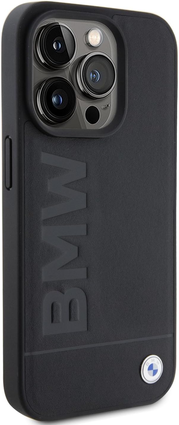 BMW Leather Case, Hot Stamp Logo, Slim Shockproof Cover for iPhone 15 Pro – Black | كفر بي ام دبليو جلدي بنقش حراري وشعار بارز لهاتف ايفون 15 برو, نحيف ومقاوم للصمات, اسود