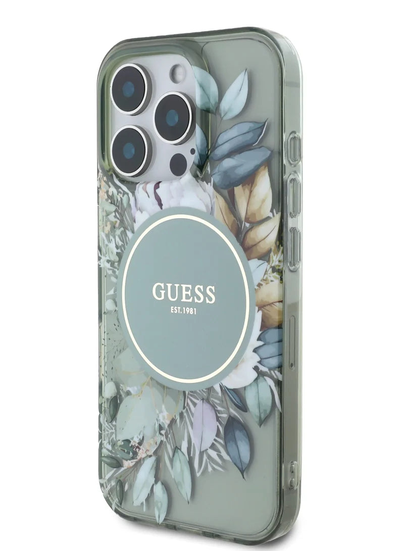 GUESS MagSafe Transparent Flower Case with Circle Logo for iPhone 16 Pro | كفر شفاف GUESS بتصميم ازهار وشعار دائري, متوافق مع ماج سيف لهاتف ايفون 16 برو