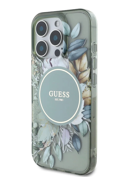 GUESS MagSafe Transparent Flower Case with Circle Logo for iPhone 16 Pro | كفر شفاف GUESS بتصميم ازهار وشعار دائري, متوافق مع ماج سيف لهاتف ايفون 16 برو