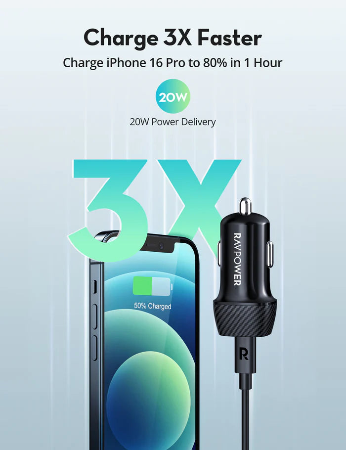 RAVPower RP-VC1015 Car Charger Combo with 10000mAh Power Bank & 60W USB-C Cable - راف باور شاحن سيارة كومبو  مع باور بانك 10000ميلي أمبير وكابل تايب سي بقوة 60واط