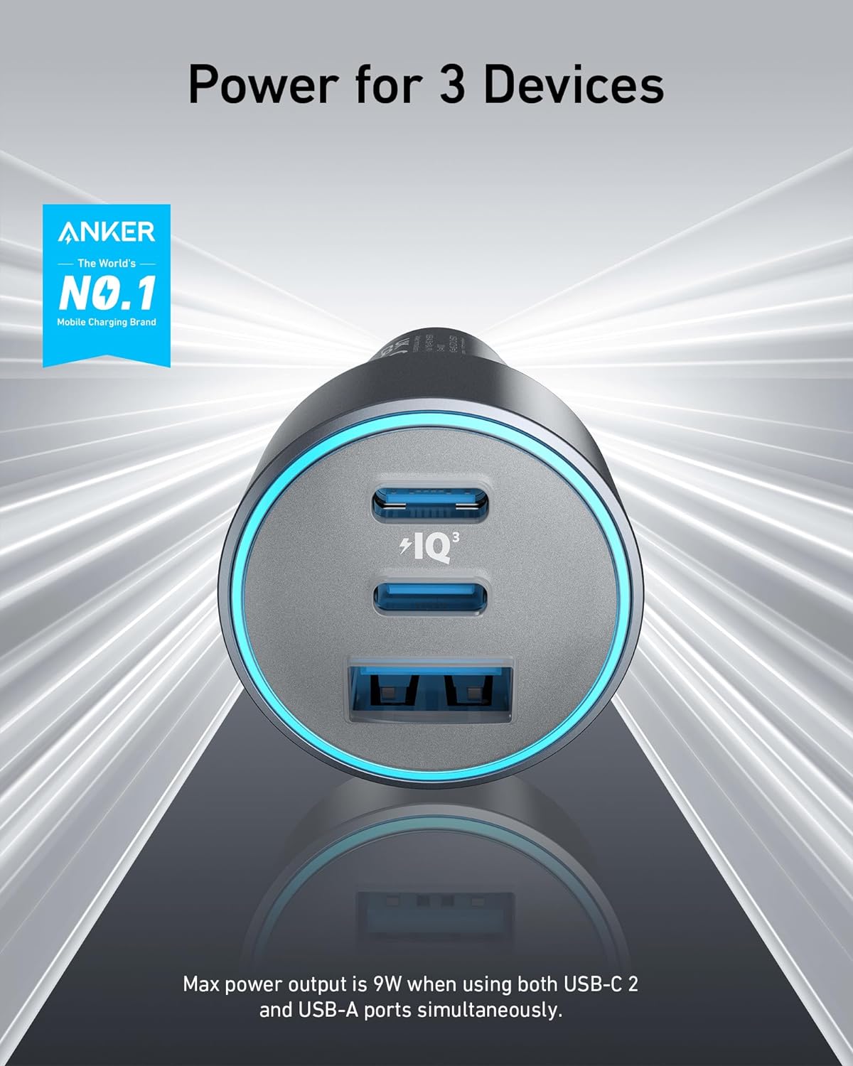 Anker USB-C Car Charger 67W 3-Port Compact Fast Charger - شاحن سيارات أنكر يو اس بي سي سريع مُدمج وقوي 67 واط بـ 3 منافذ