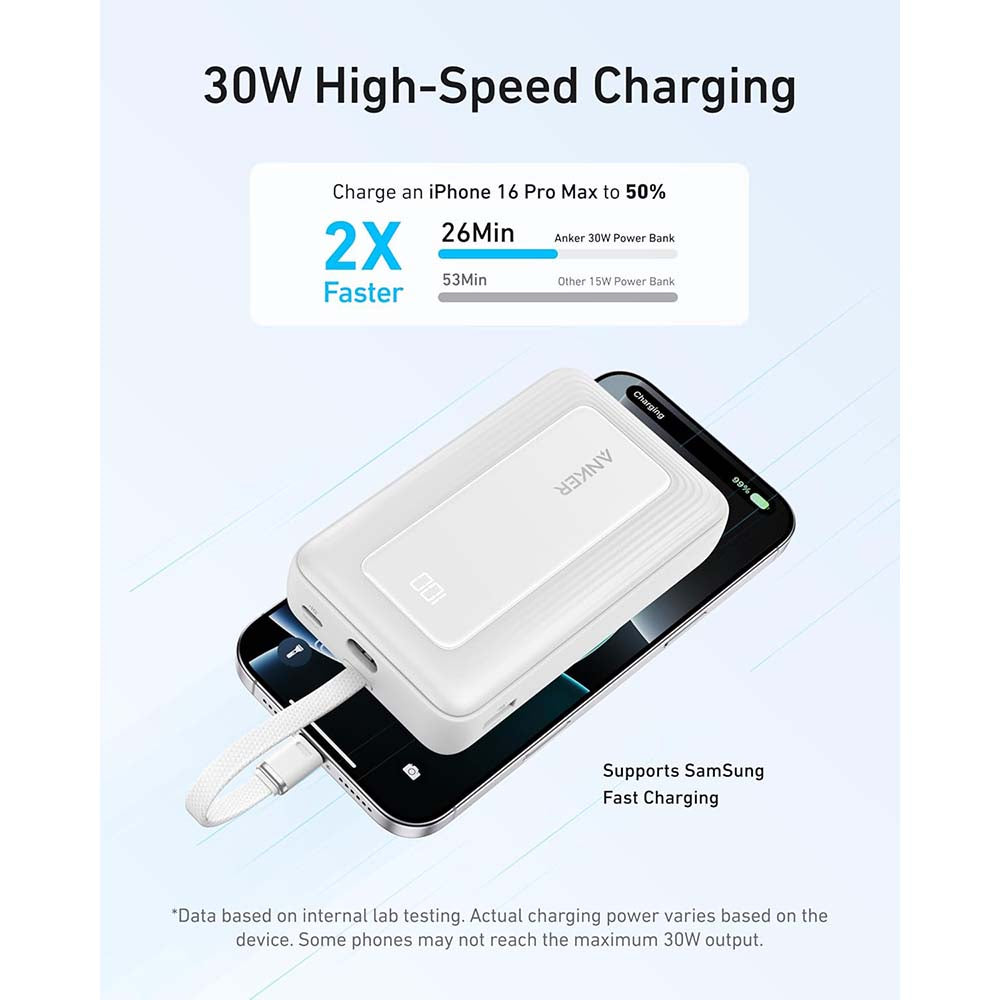 باور بانك أنكر بسعة 10,000 مللي أمبير وبقدرة شحن 30 واط مع كيبل تايب سي مدمج | Anker 10K 30W Power Bank with Built-in USB-C Cable