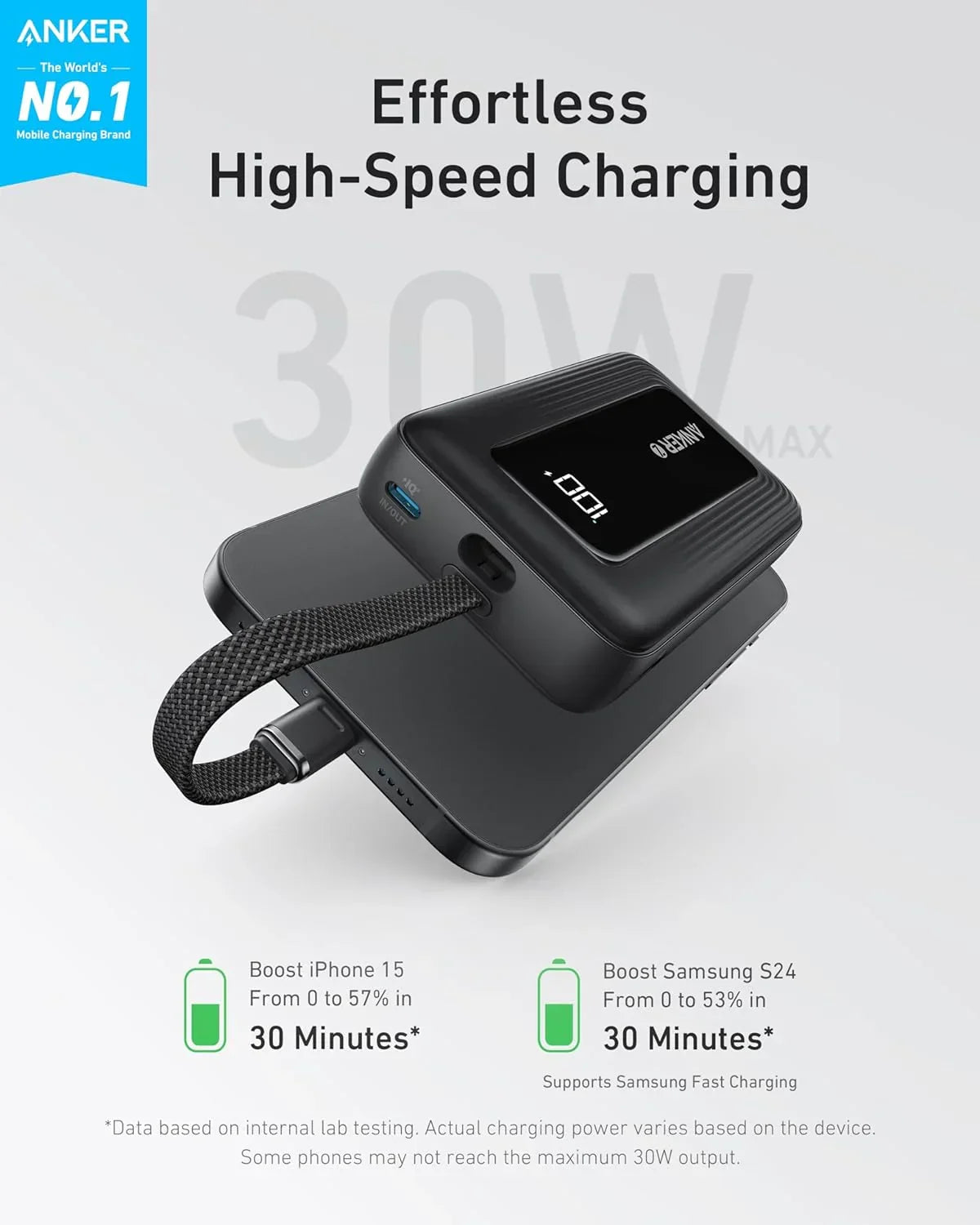 باور بانك أنكر بسعة 10,000 مللي أمبير وبقدرة شحن 30 واط مع كيبل تايب سي مدمج | Anker 10K 30W Power Bank with Built-in USB-C Cable