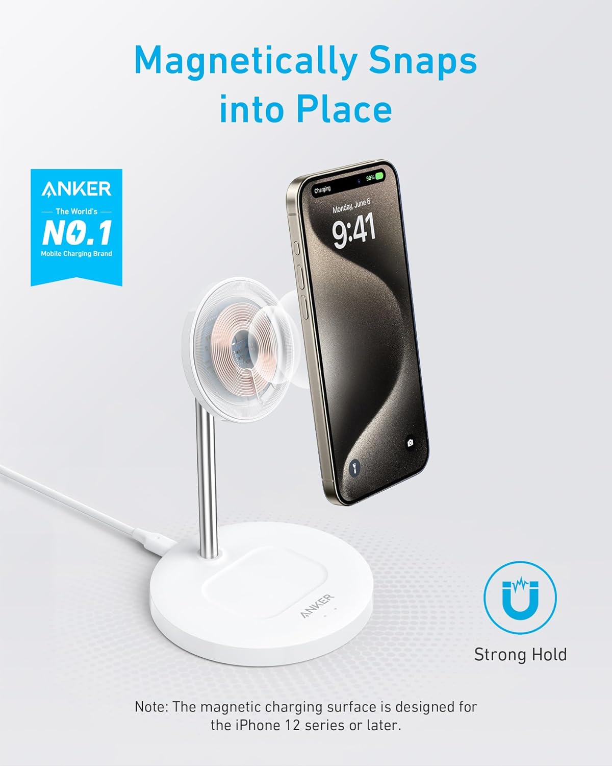 Anker Wireless PowerWave 2 in 1 Magnetic Charging Stand Lite with USB-C Cable - حامل الشحن المغناطيسي أنكر باور ويف 2 في 1 لايت اللاسلكي مع كابل يو اس بي سي