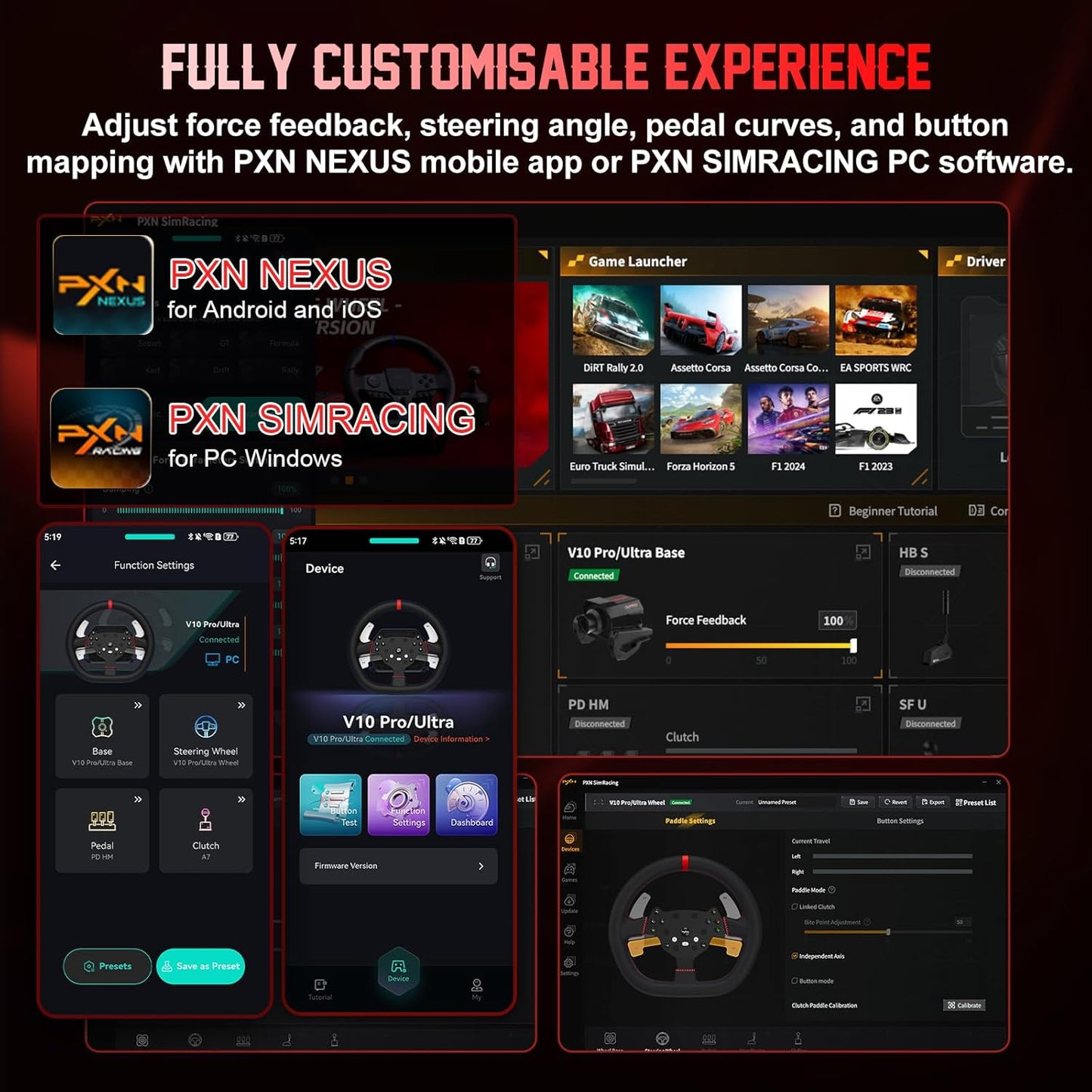 عجلة قيادة احترافية - PXN V10 PRO - Direct Drive Gaming Steering Wheel 270°/900° - with Pedals - Black