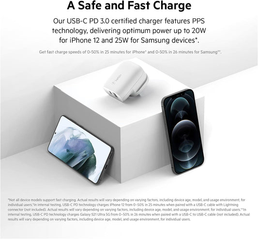Belkin 37W USB Type C PPS PD Dual Port Wall Phone Charger - شاحن هاتف جداري بمنفذ مزدوج يو اس بي من النوع سي من بيلكن بقدرة 37واط