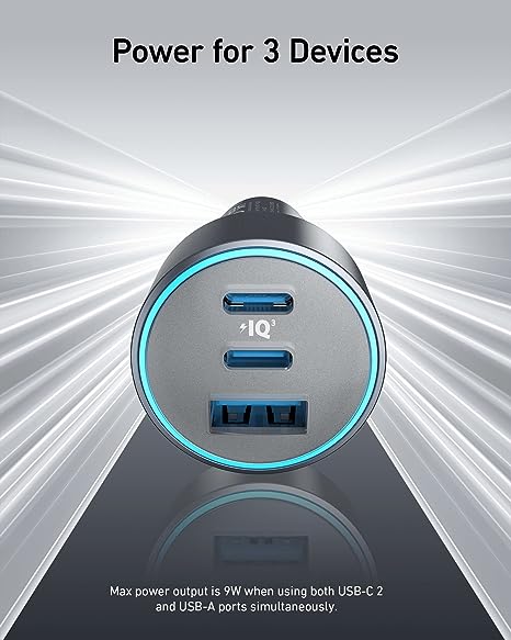 Anker 335 Car Charger 67W 2 USB-C Ports and One USB-A Port - شاحن سيارة بقدرة 67 واط بمنفذين يو اس بي سي ومنفذ يو اس بي أ