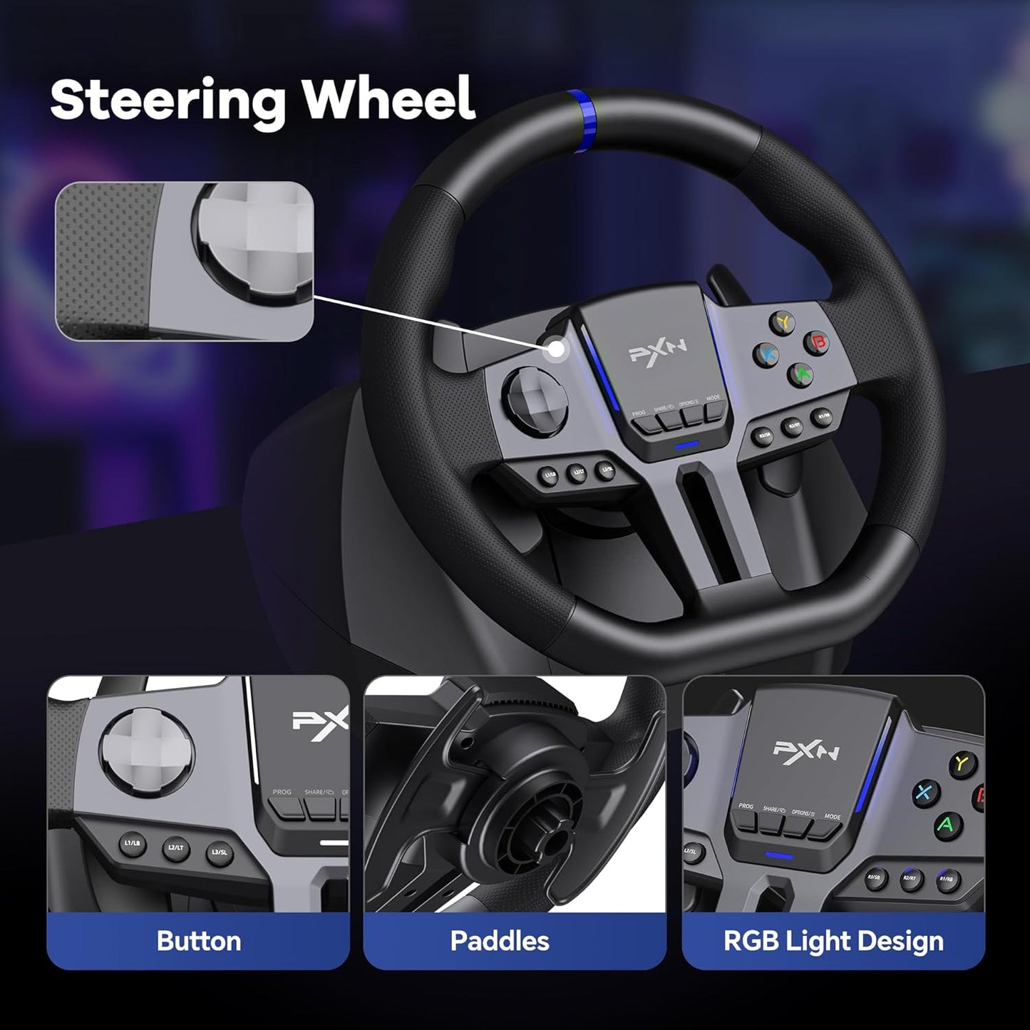 عجلة قيادة PXN V9 GEN2 - Racing Wheel with Pedals - RGB - Black