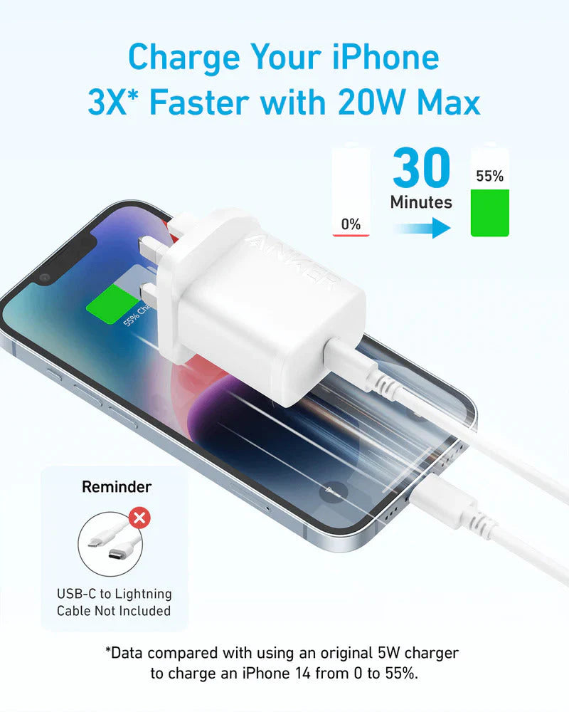 Anker 312 charger 20W USB-C Fast Wall Adapter | White - شاحن انكر 312 بقدرة 20 واط, منفذ USB-C, ابيض