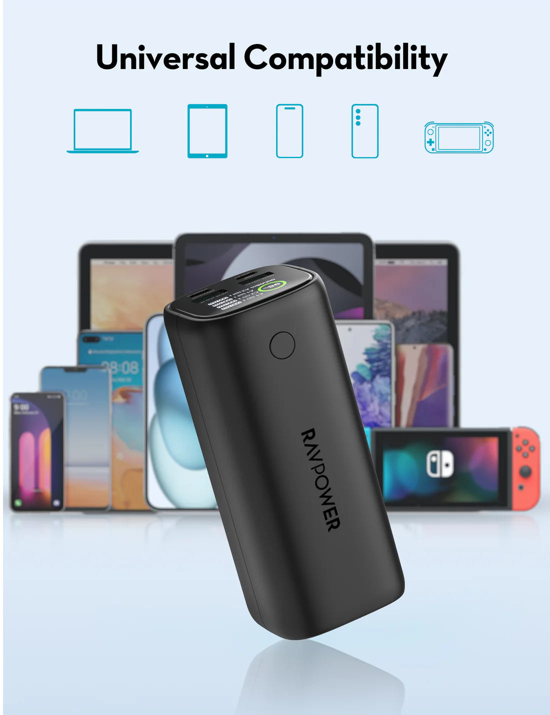 باور بانك راف باور PB208 Ultra بسعة 20,000 مللي امبير وبقدرة شحن 100 واط - اسود | RAVPower PB208 Ultra 20000mAh PD 100W Power Bank - Black