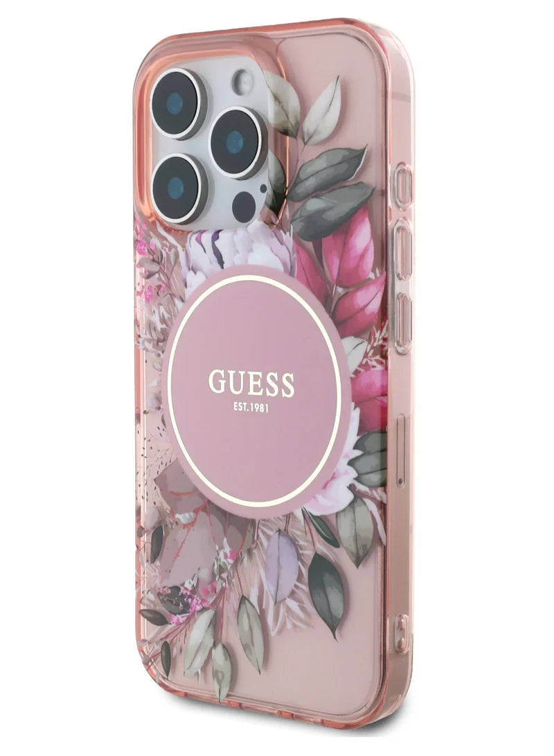GUESS MagSafe Transparent Flower Case with Circle Logo for iPhone 16 Pro | كفر شفاف GUESS بتصميم ازهار وشعار دائري, متوافق مع ماج سيف لهاتف ايفون 16 برو