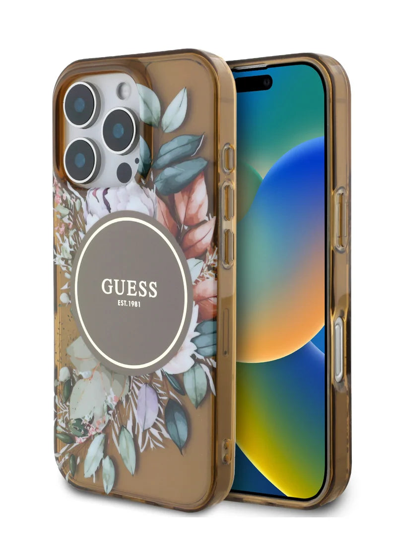 GUESS MagSafe Transparent Flower Case with Circle Logo for iPhone 16 Pro | كفر شفاف GUESS بتصميم ازهار وشعار دائري, متوافق مع ماج سيف لهاتف ايفون 16 برو